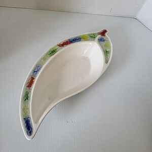Vintage JACQUIN California Pottery Leaf Shaped Dish with Crackle Glass Edge
